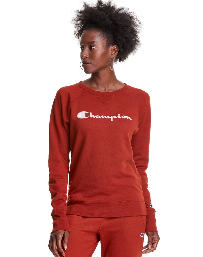 Champion Sweatshirt Dames - Bruin - Powerblend Fleece Classic Crew Script Logo ( 924876-XAH )